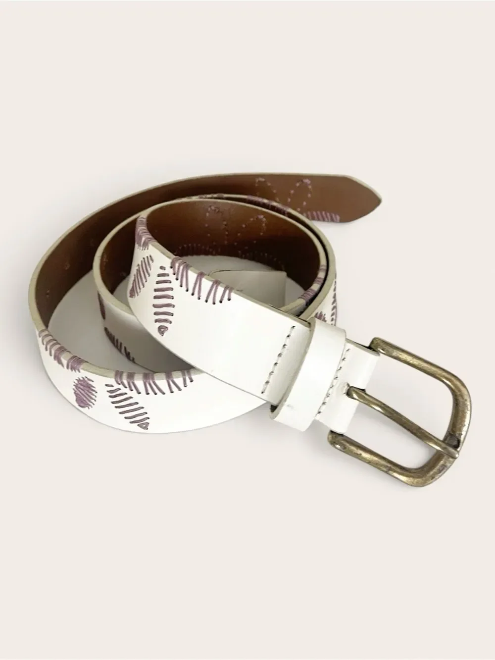 Free People Swift Haze floral Embroidered Belt white leather purple stitching
